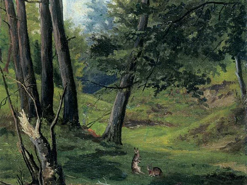 1847-Ludwik Fryderyk Hildt - Paesaggio boschivo con lepri